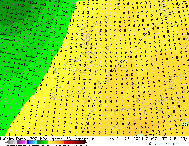 Height/Temp. 700 hPa Arpege-eu Seg 24.06.2024 21 UTC