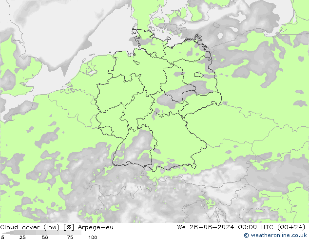 Cloud cover (low) Arpege-eu We 26.06.2024 00 UTC