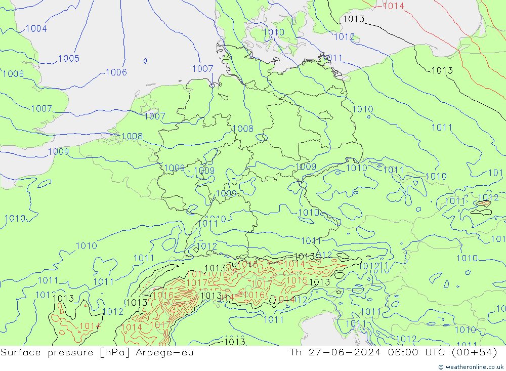 Presión superficial Arpege-eu jue 27.06.2024 06 UTC