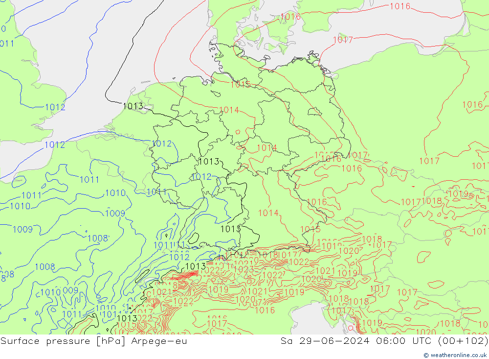 Pressione al suolo Arpege-eu sab 29.06.2024 06 UTC