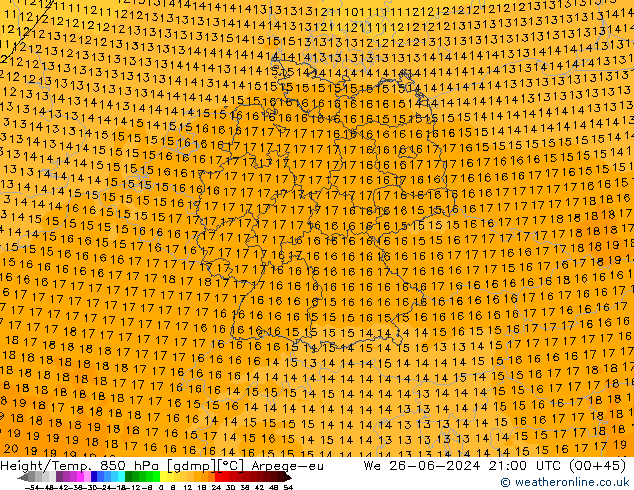 Hoogte/Temp. 850 hPa Arpege-eu wo 26.06.2024 21 UTC