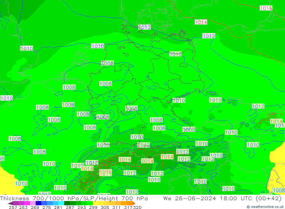 Espesor 700-1000 hPa Arpege-eu mié 26.06.2024 18 UTC