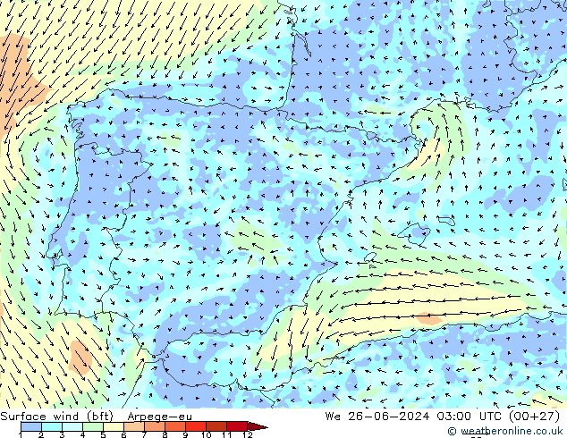 Surface wind (bft) Arpege-eu We 26.06.2024 03 UTC