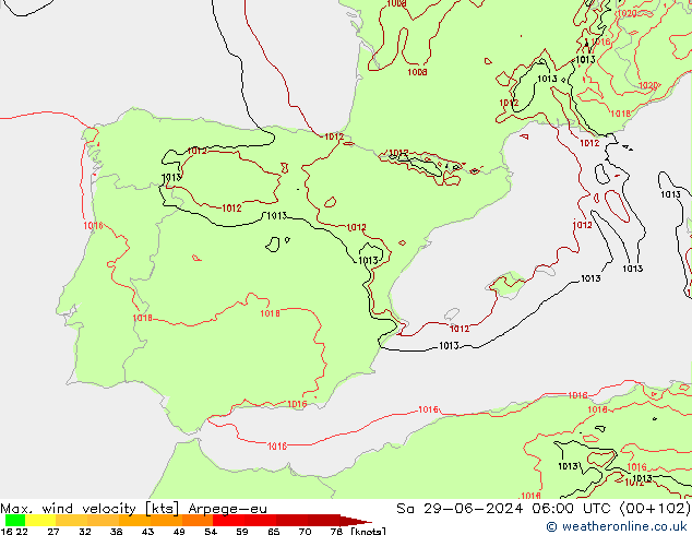 Max. wind velocity Arpege-eu So 29.06.2024 06 UTC