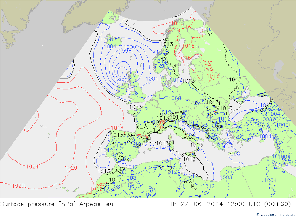 приземное давление Arpege-eu чт 27.06.2024 12 UTC