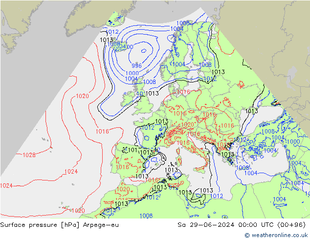 Presión superficial Arpege-eu sáb 29.06.2024 00 UTC