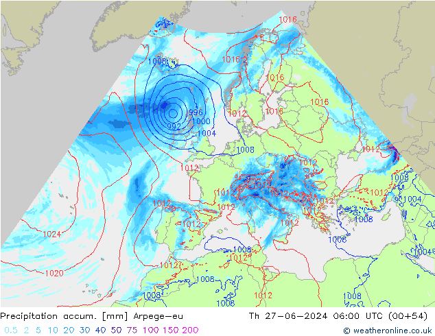Precipitation accum. Arpege-eu 星期四 27.06.2024 06 UTC
