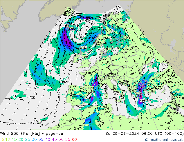 Vento 850 hPa Arpege-eu sab 29.06.2024 06 UTC