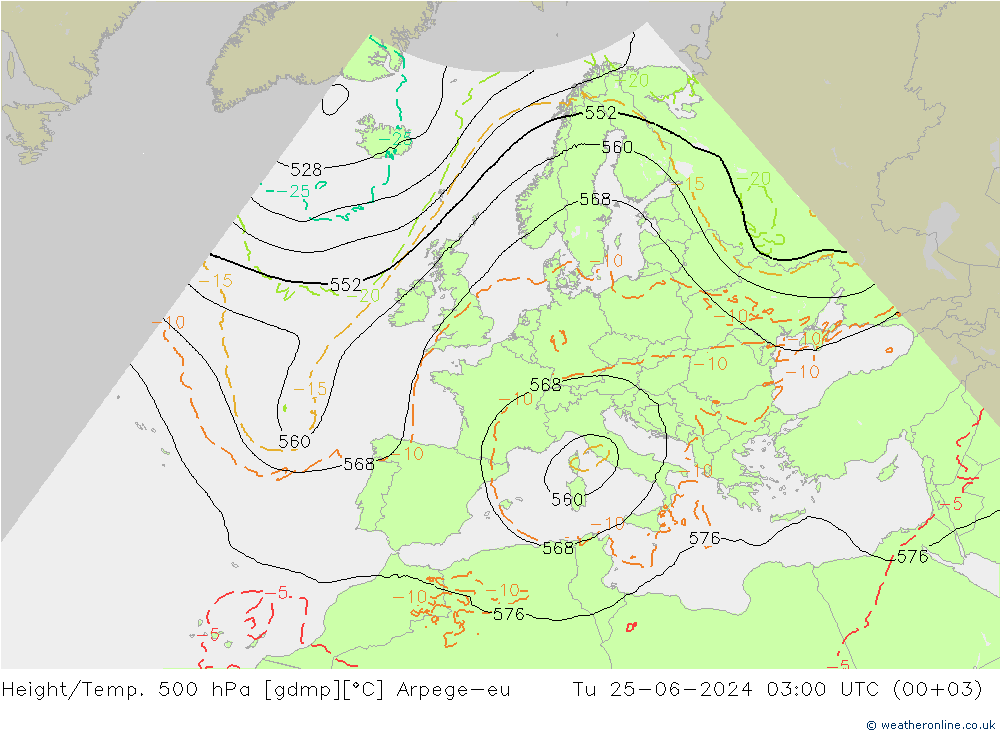 Height/Temp. 500 hPa Arpege-eu 星期二 25.06.2024 03 UTC