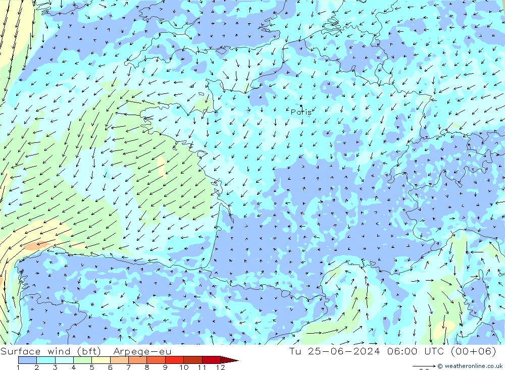 Surface wind (bft) Arpege-eu Tu 25.06.2024 06 UTC