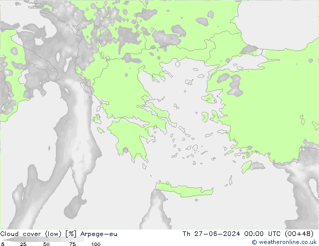 Cloud cover (low) Arpege-eu Th 27.06.2024 00 UTC