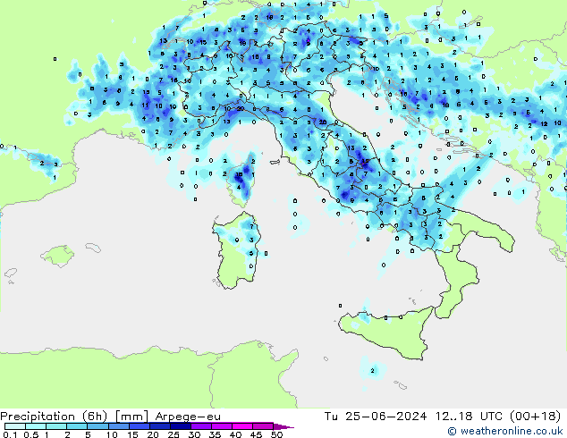 Totale neerslag (6h) Arpege-eu di 25.06.2024 18 UTC