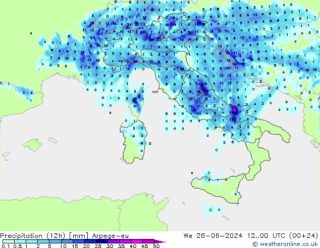 Totale neerslag (12h) Arpege-eu wo 26.06.2024 00 UTC