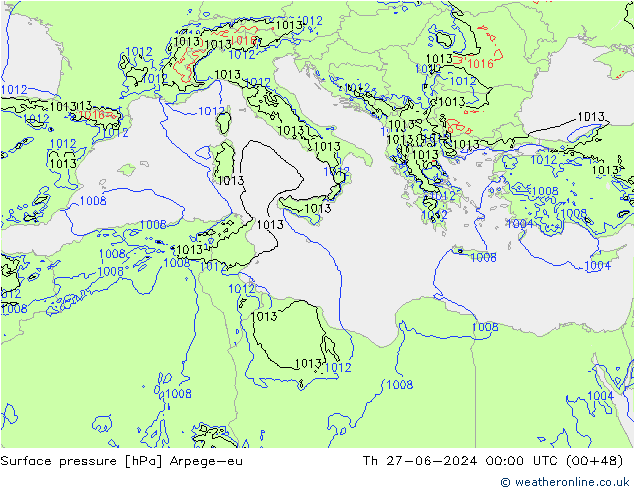 Atmosférický tlak Arpege-eu Čt 27.06.2024 00 UTC