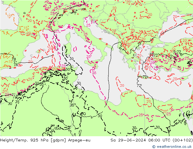 Géop./Temp. 925 hPa Arpege-eu sam 29.06.2024 06 UTC