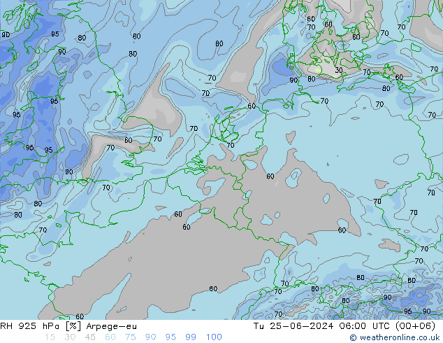 RH 925 hPa Arpege-eu 星期二 25.06.2024 06 UTC