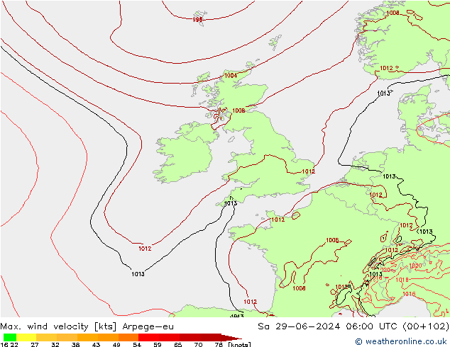 Max. wind velocity Arpege-eu Sáb 29.06.2024 06 UTC