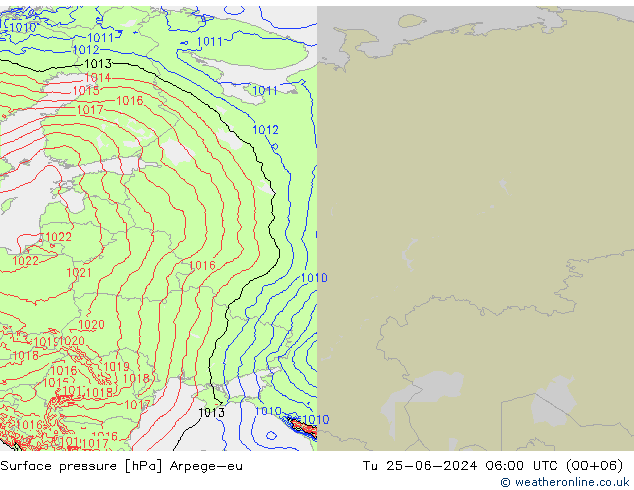 Atmosférický tlak Arpege-eu Út 25.06.2024 06 UTC