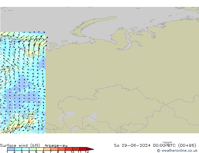 Wind 10 m (bft) Arpege-eu za 29.06.2024 00 UTC