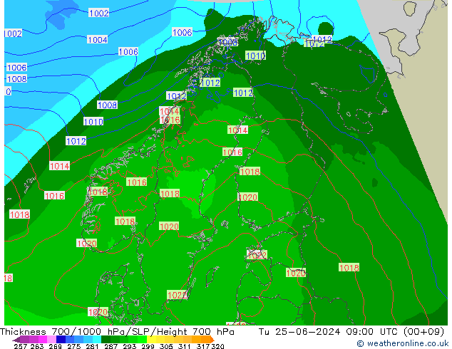 Thck 700-1000 hPa Arpege-eu wto. 25.06.2024 09 UTC