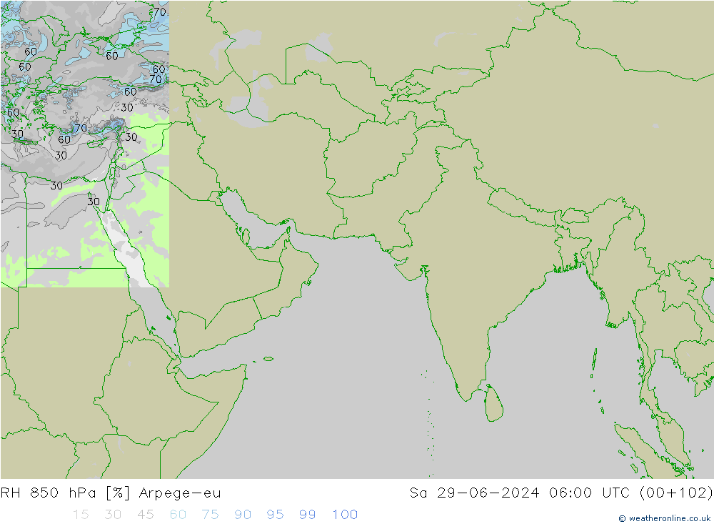 Humidité rel. 850 hPa Arpege-eu sam 29.06.2024 06 UTC