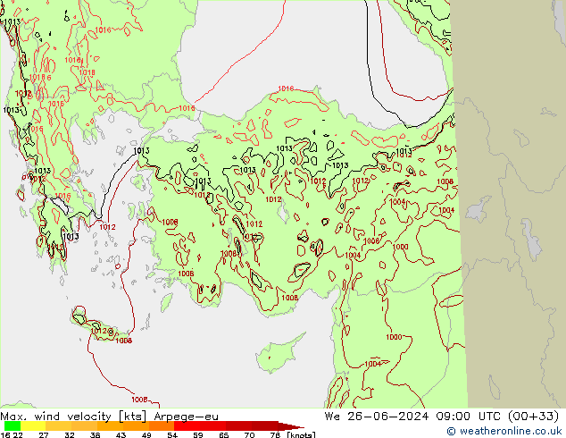 Max. wind velocity Arpege-eu We 26.06.2024 09 UTC