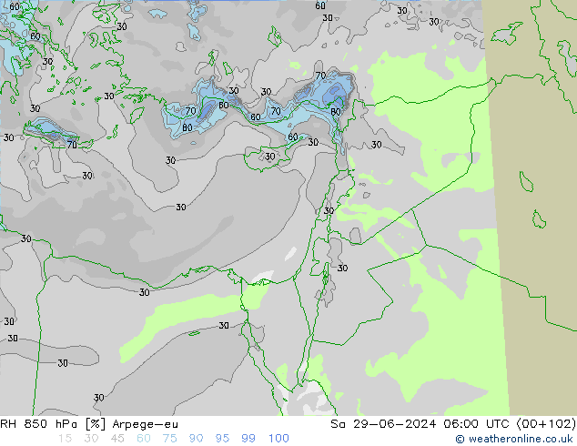 RH 850 hPa Arpege-eu so. 29.06.2024 06 UTC