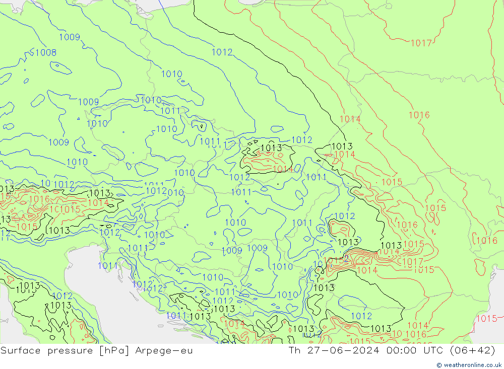 Atmosférický tlak Arpege-eu Čt 27.06.2024 00 UTC