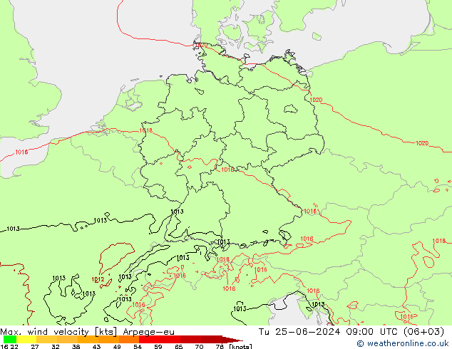 Max. wind velocity Arpege-eu Tu 25.06.2024 09 UTC