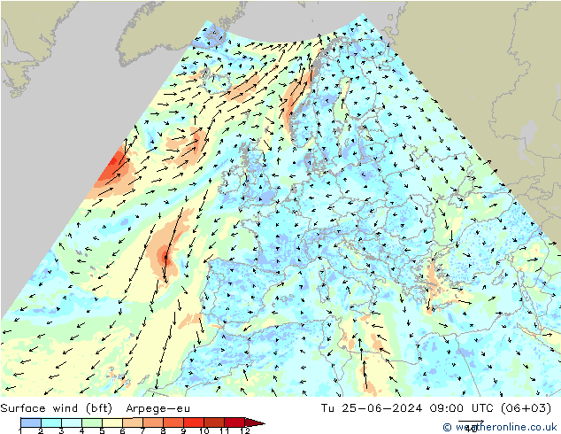 wiatr 10 m (bft) Arpege-eu wto. 25.06.2024 09 UTC