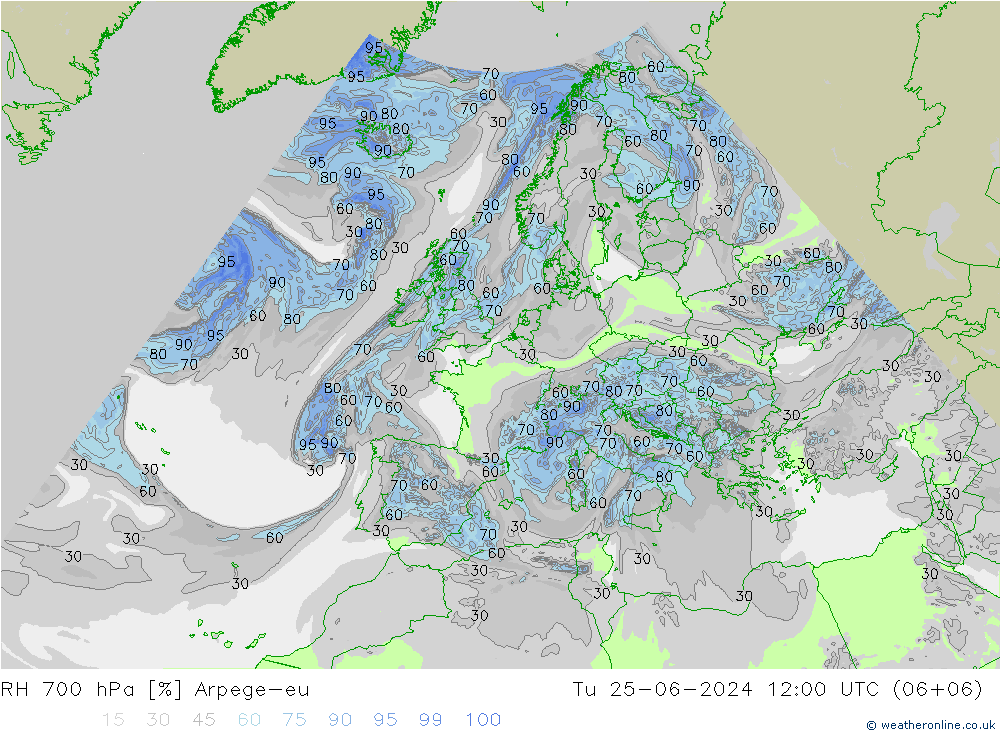 RH 700 hPa Arpege-eu Di 25.06.2024 12 UTC