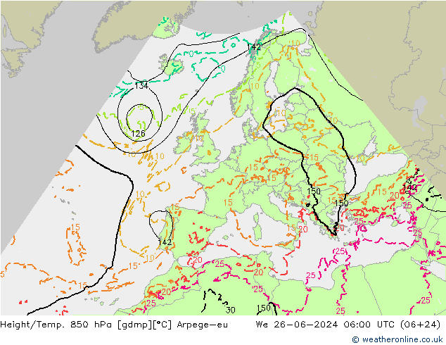 Géop./Temp. 850 hPa Arpege-eu mer 26.06.2024 06 UTC