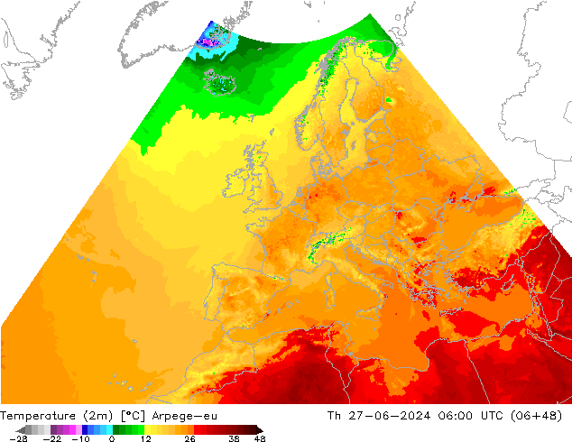 Temperatuurkaart (2m) Arpege-eu do 27.06.2024 06 UTC