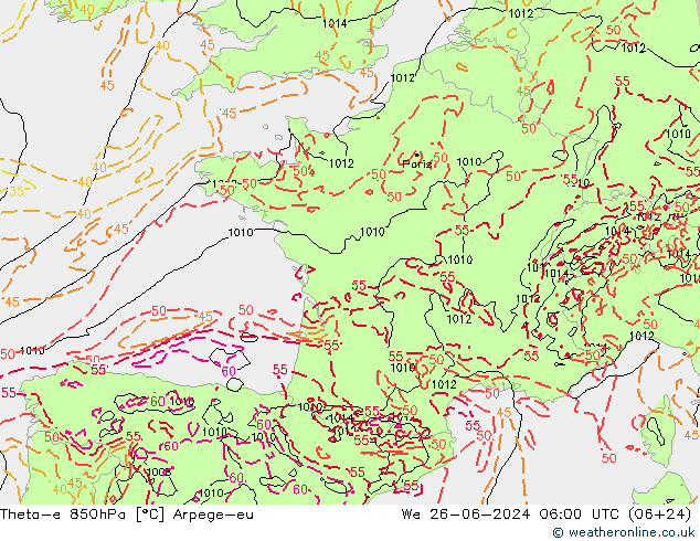 Theta-e 850hPa Arpege-eu mié 26.06.2024 06 UTC