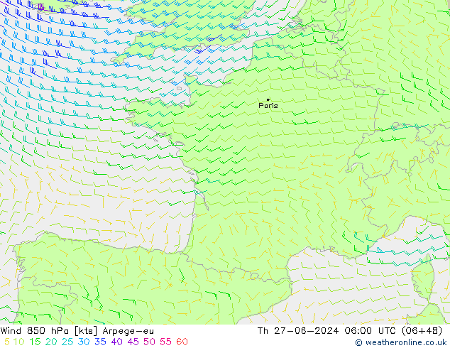 Wind 850 hPa Arpege-eu Th 27.06.2024 06 UTC