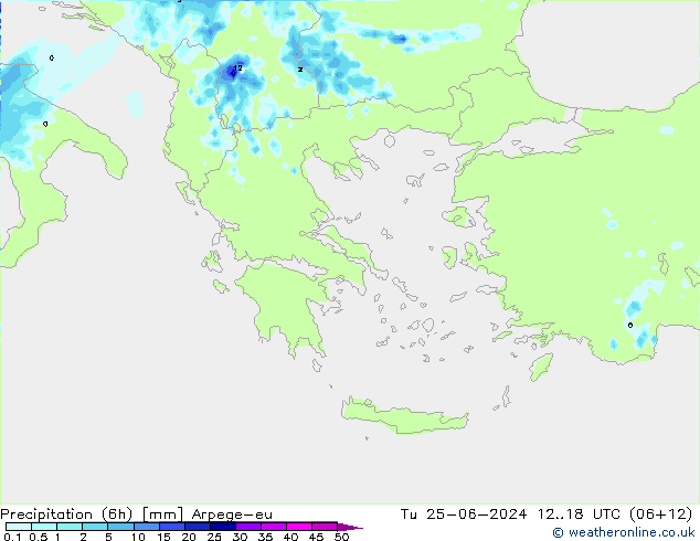 Precipitation (6h) Arpege-eu Út 25.06.2024 18 UTC