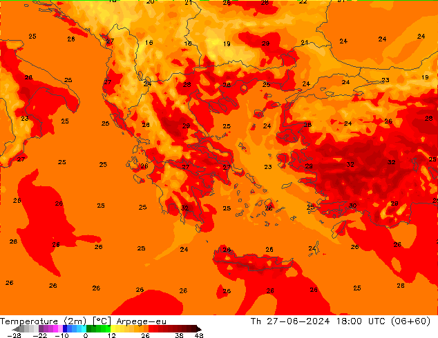 Temperature (2m) Arpege-eu Th 27.06.2024 18 UTC