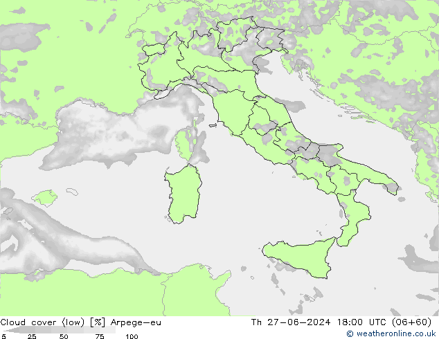 Cloud cover (low) Arpege-eu Th 27.06.2024 18 UTC