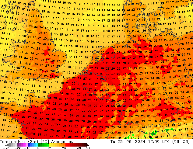 温度图 Arpege-eu 星期二 25.06.2024 12 UTC