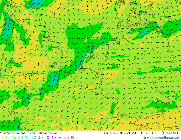 Surface wind Arpege-eu Út 25.06.2024 15 UTC