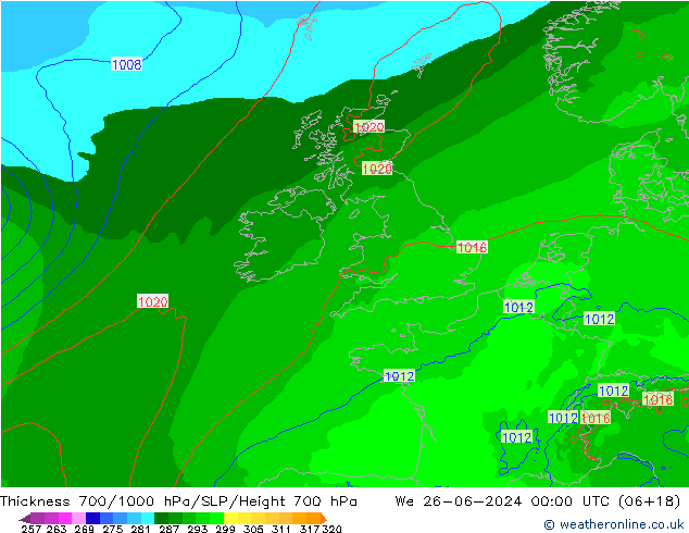 Thck 700-1000 hPa Arpege-eu Qua 26.06.2024 00 UTC