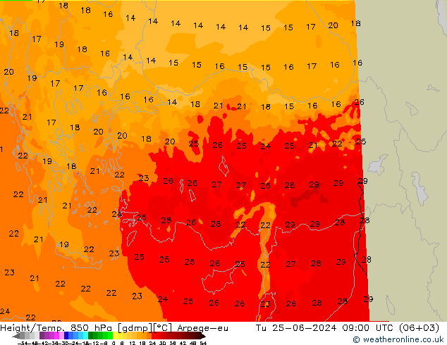 Height/Temp. 850 гПа Arpege-eu вт 25.06.2024 09 UTC