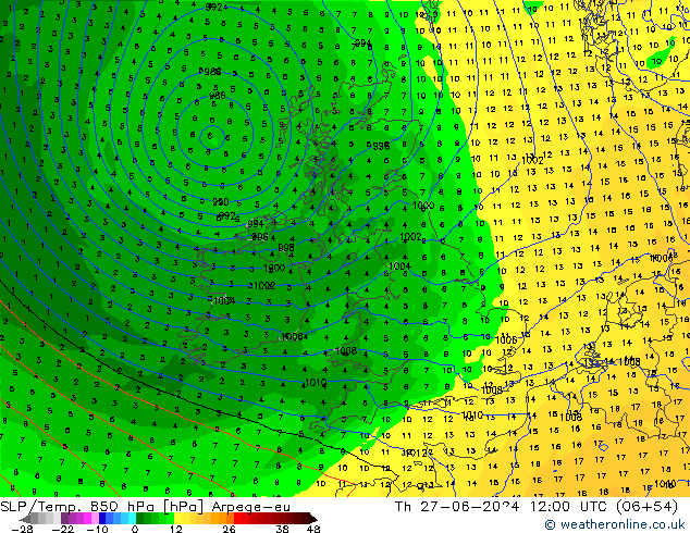 SLP/Temp. 850 hPa Arpege-eu gio 27.06.2024 12 UTC