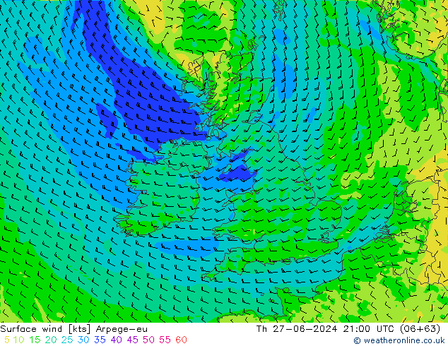 Surface wind Arpege-eu Th 27.06.2024 21 UTC