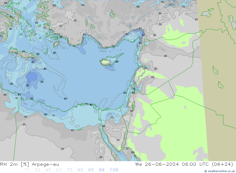 RH 2m Arpege-eu śro. 26.06.2024 06 UTC