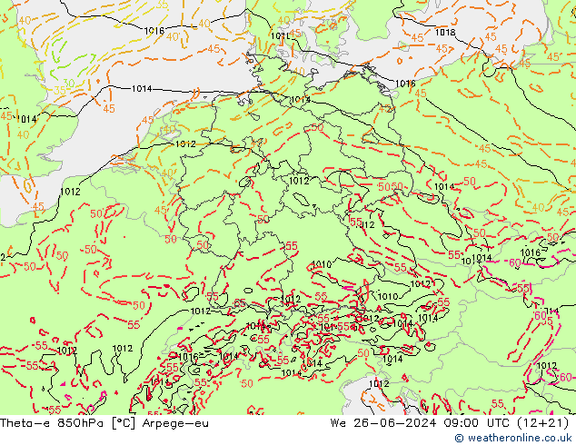 Theta-e 850hPa Arpege-eu 星期三 26.06.2024 09 UTC