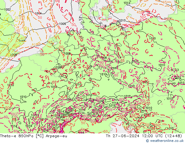 Theta-e 850hPa Arpege-eu Qui 27.06.2024 12 UTC