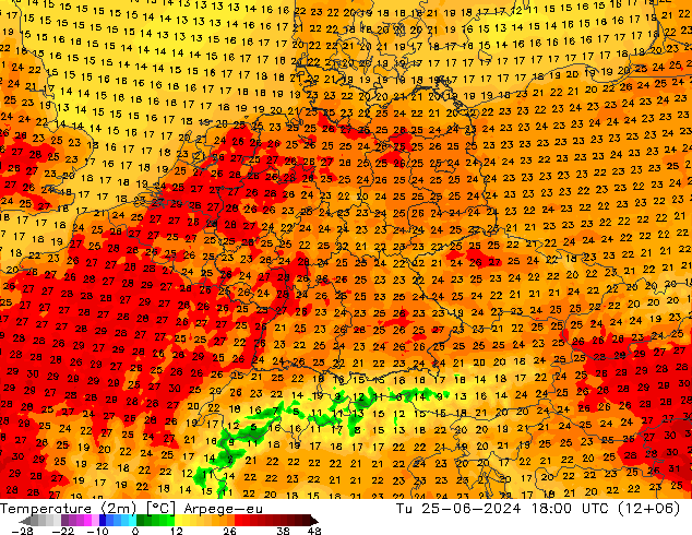Temperatuurkaart (2m) Arpege-eu di 25.06.2024 18 UTC