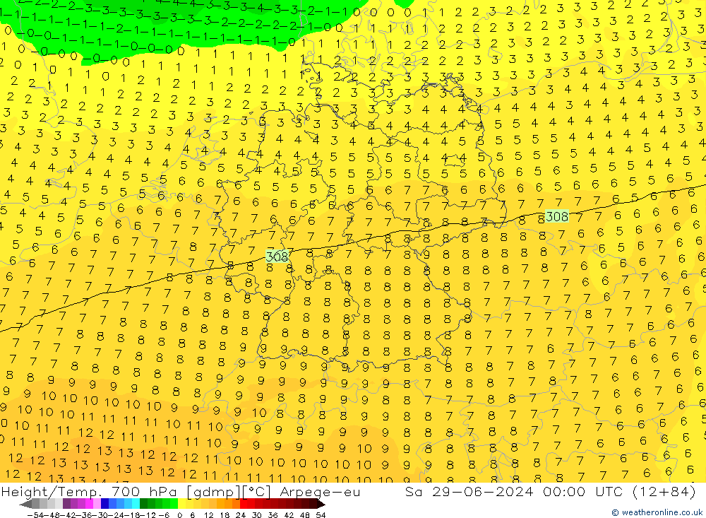 Height/Temp. 700 hPa Arpege-eu Sáb 29.06.2024 00 UTC