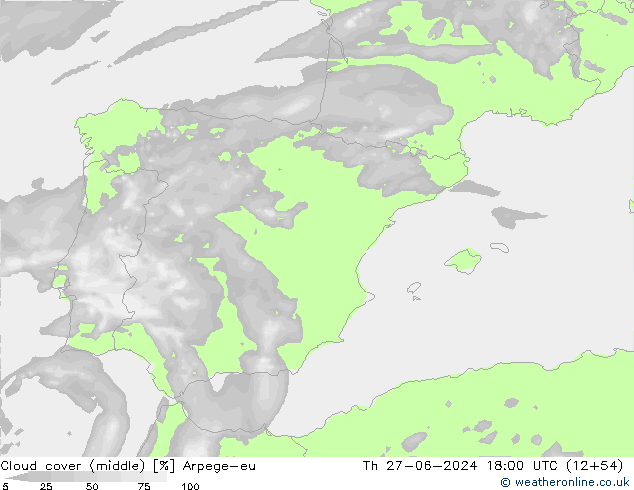 Cloud cover (middle) Arpege-eu Th 27.06.2024 18 UTC